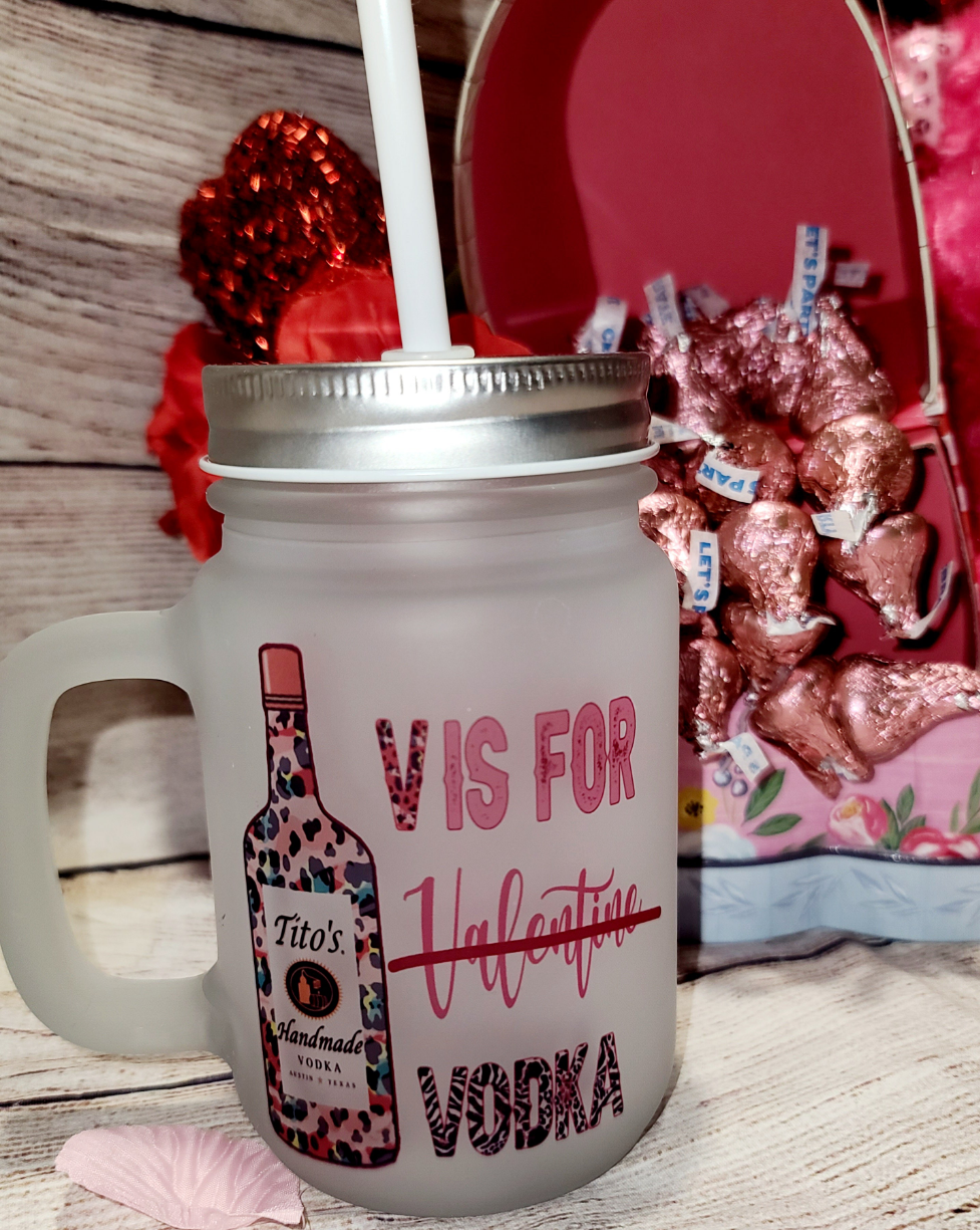 V is for Vodka Frosted Mason Jar Mug